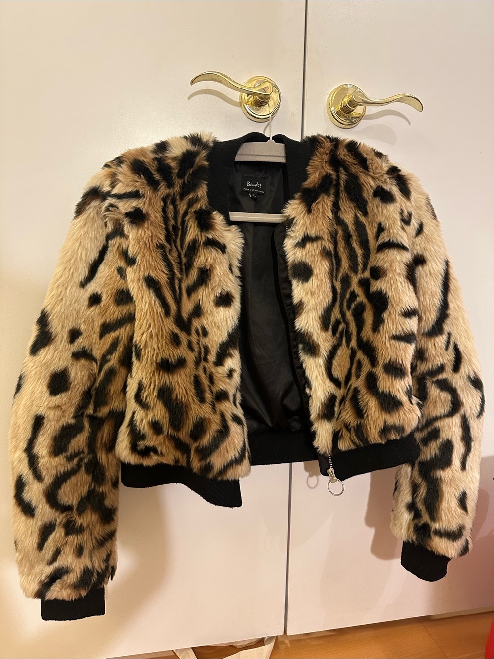 Bardot Leopard Print Faux Fur Bomber Jacket - Tan/Black